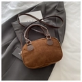 Retro dark brown suede bowling bag with dual handles and slender shoulder strap - No Pendant / Brown