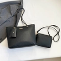 Three-piece black lychee pattern leather tote bag set including a crossbody and card holder - Black