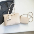Beige tote bag and matching crossbody bag set with pebble grain synthetic leather finish - White