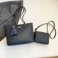 Three-piece dark blue lychee grain tote bag set with matching crossbody and coin purse - Blue