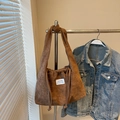 Deep brown corduroy drawstring shoulder bag with large capacity and soft texture - Khaki