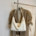 Chic cream white crescent hobo bag in soft PU leather with golden triangle logo - White (Without Charm)