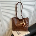 Vintage dark brown faux leather tote bag with plush monster charm and long straps - With Charm / Brown