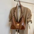 Dark brown glossy soft leather hobo bag with iconic golden triangle metal logo plaque - Brown (Without Pendant)