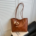 Vintage dark brown faux leather tote bag with shoulder straps and cute plush pendant - With Charm / Brown