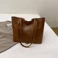 Brown faux leather tote bag with pleated texture and vertical stitching for office use - Brown