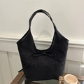 Retro black matte suede tote bag with elegant bow detail and large capacity design - Black