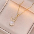 Elegant gold rabbit pendant necklace with sparkling zircon ears and white pearl bead - Mermaid Pearl Rabbit Necklace (X0903)