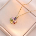Elegant gold titanium necklace featuring a vibrant colorful zircon flower pendant in a gift box - Colorful Zirconia Style (X4255)