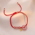 Handmade red braided strawberry quartz bracelet with golden lucky charm on silk - Strawberry Crystal Ping'an Buckle (TS0284)