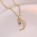 Minimalist gold moon necklace with sparkling white zircons and a tiny blue star pendant - Gold Star Moon Necklace (X1278)