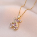 Roze teddybeer kristallen hanger ketting met gouden afwerking op zachte roze zijde - Roze (X1364)
