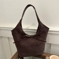Retro large capacity tote bag in dark coffee frosted suede with leather bow detail - Brown