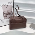 Minimalist dark brown PU leather tote bag with shoulder straps and front pocket - Brown