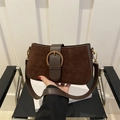 Brown frosted suede small square bag with vintage ring buckle and adjustable strap - Coffee