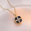 Golden rotating four-leaf clover necklace with black enamel and zircon on silk fabric - Gold Rotating Style (X1433)
