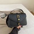 Minimalist black woven texture crossbody bag with gold metal buckle and top handle - Black