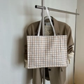 Borsa tote classica pied-de-poule in beige e caffè chiaro con doppi manici - Pied de poule kaki
