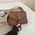 Brown contrast crossbody bag with woven texture flap and golden buckle detail - Brown