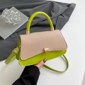 Lime green leather baguette bag with beige woven flap for versatile crossbody wear - Green