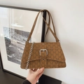 Brown faux leather square crossbody bag with all-over M-pattern and silver buckle - Brown