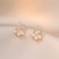 Elegant gold-plated pearl stud earrings with sparkling pavé stones on champagne silk - Gold Metal Freshwater Pearl (E0582)