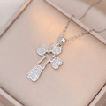 Elegant silver cross necklace with heart-shaped zircon pendant in a champagne silk box - Silver (X1484)