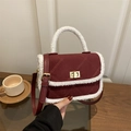 Chic burgundy faux suede crossbody bag with plush white trim and quilted texture - Red