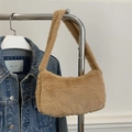 Brown faux fur underarm bag shown with denim jacket, soft plush shoulder handbag - Khaki
