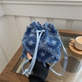 Star pattern denim bucket bag with fringe tassels and light blue leather straps - Star - Blue