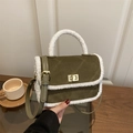 Olive green quilted suede crossbody bag with white faux fur trim and gold twist lock - Green