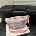 Chic pink plaid crossbody chest bag for women with woven strap and zipper closure - Pink