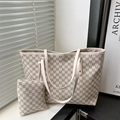 Chic beige tote bag set with grey 'M' letter print and matching small square pouch - White