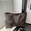 Retro brown tote bag set with M-letter monogram print and matching small pouch - Brown