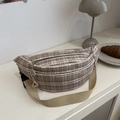 Minimalist beige plaid crossbody chest bag with adjustable strap and triangle zipper pull - Khaki