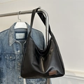 Retro black faux leather tote bag with brown label patch for daily work commute - Black