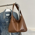 Brown large capacity PU leather tote bag with wide strap and fashion front pocket - Brown