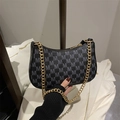Fashionable black baguette shoulder bag with gray letter pattern and gold chain strap - Black