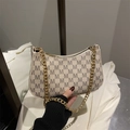 Vintage beige crescent underarm bag with black M-letter print and gold chain strap - White