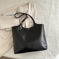 Classic large black tote bag with premium leather texture and golden metal buckle details - No Pendant / Black