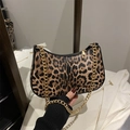 Retro crescent underarm bag with leopard print finish and gold chain shoulder strap - Leopard Khaki