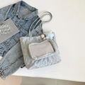 Light gray wrinkled fabric tote bag with a clear mesh pocket and blue star plush charm - Silver (With Pendant)