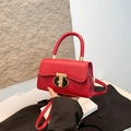 Red matte leather satchel bag with T-shaped gold lock and adjustable shoulder strap - Red