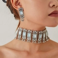 Vintage bohemian jewelry set with blue gemstone choker and matching tassel earrings - Milky White