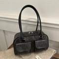 Retro graue Boston Schultertasche mit Doppeltaschen und Vintage Leder Textur - Braun