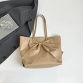 Khaki large capacity tote bag with decorative bow and matte PU leather finish - Khaki