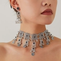 Vintage bohemian jewelry set with retro silver choker and dangle earrings for women - Black