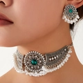 Vintage boho σετ κοσμημάτων με κρυστάλλινα φτερά και σμαραγδένια φούντες για γυναίκες - Αντίκα Ασημί Πράσινο