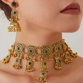 Vintage bronze jewelry set with hollow floral pattern, green gems and golden bead tassels - Green
