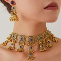 Vintage gold ethnic jewelry set with blue gemstones and floral tassel choker and earrings - Blue